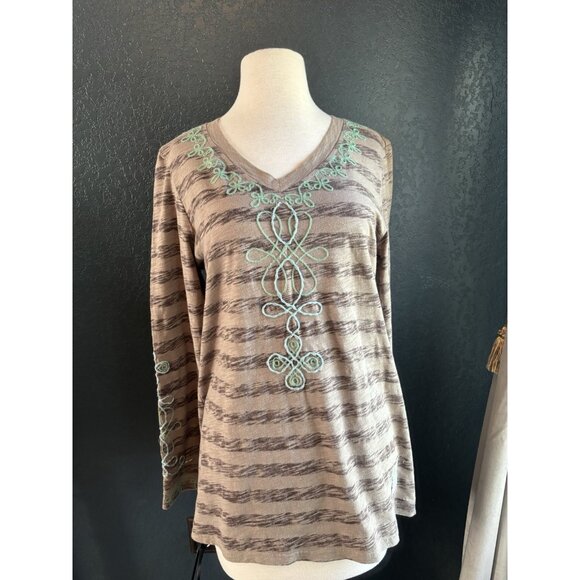 Double D Ranch Women’s Sz Medium Long Sleeve Brown Shirt Turquoise Embroidery - Picture 2 of 7